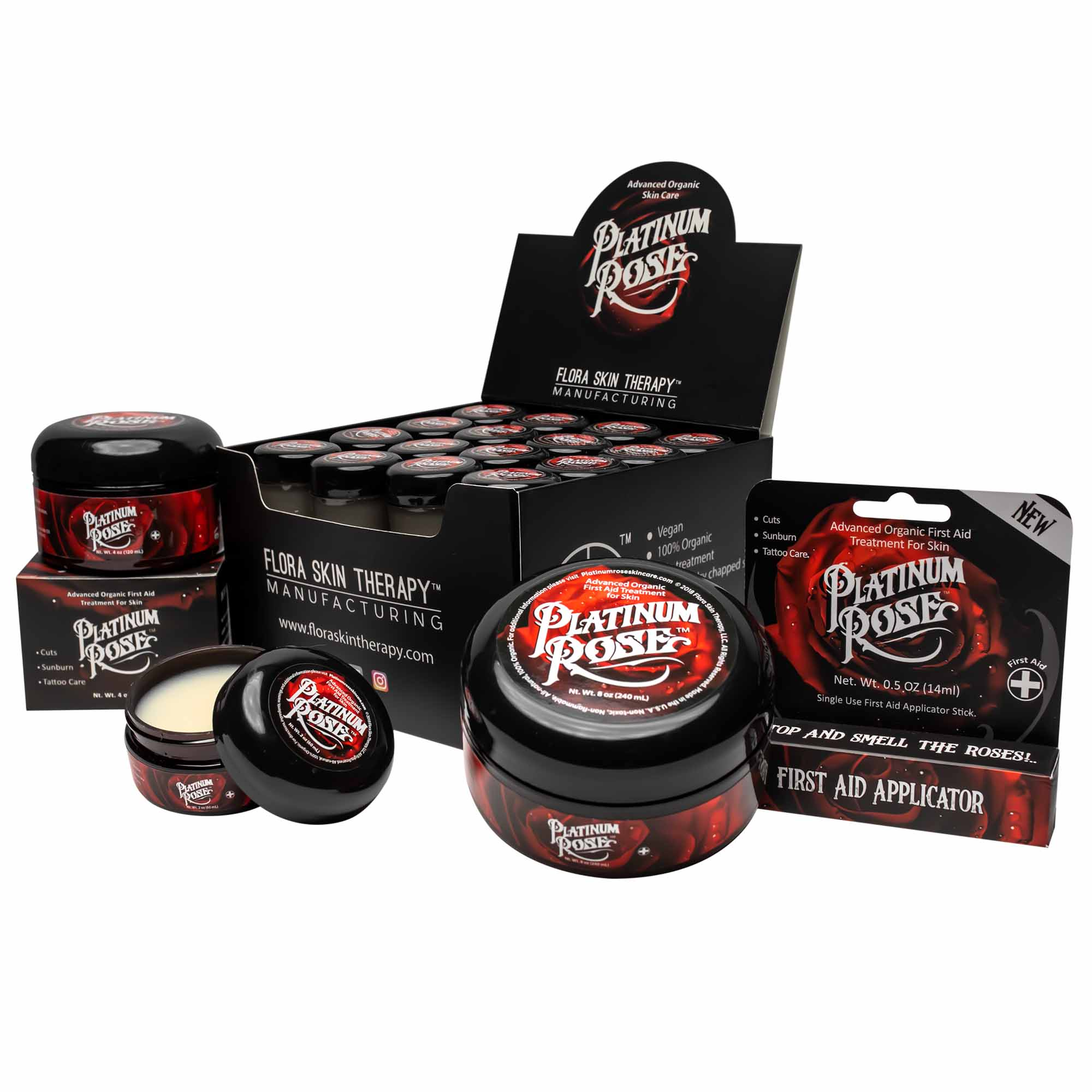 All the rose scented Platinum Rose Tattoo Aftercare products together